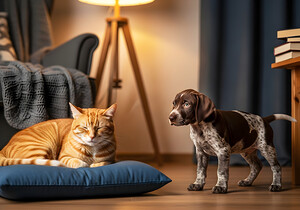 German Shorthaired Pointer Puppy Meets Sleepy Cat by Puppy Prints