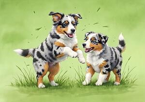 Blue Merle Australian Shepherd Puppies Playing Together by Puppy Prints