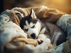 Sleepy Husky Puppy Naps In Laundry Nest