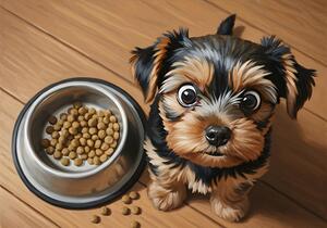 Apologetic Brown Yorkshire Terrier Puppy With Messy Bowl by Puppy Prints