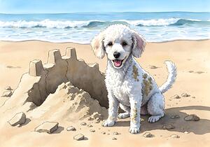 Happy White Poodle Puppy Sits In Destroyed Sand Castle Ruins by Puppy Prints