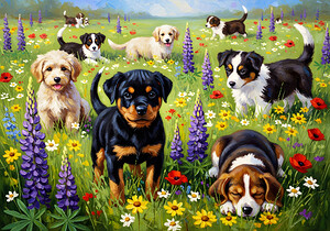 Rottweiler Puppy Discovers Wildflower Field by Puppy Prints