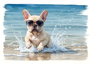Cream French Bulldog Puppy Splashing In Ocean With Sunglasses by Puppy Prints