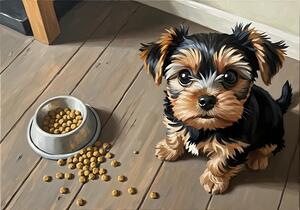 Brown Yorkshire Terrier Puppy With Overturned Food Bowl by Puppy Prints