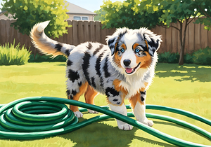 Australian Shepherd Puppy Discovers Garden Hose by Puppy Prints