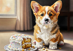 Happy Messy Corgi After Birthday Cake by Puppy Prints