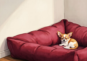 Sleepy Chihuahua Puppy Naps In Corner Of Giant Bed by Puppy Prints