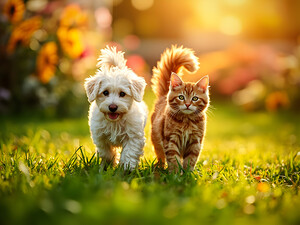 Bichon Frise Puppy And Cat Walk Together As Friends