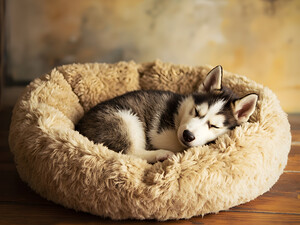 Sleepy Husky Puppy Napping In Corner Of Giant Bed
