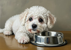 Patient Bichon Frise Puppy Waits By Food Bowl