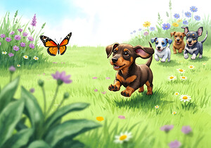 Dachshund Puppy Spots Beautiful Butterfly In Garden