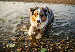 Playful Australian Shepherd Puppy Splashes In Shallow Tide Pool by Puppy Prints