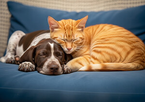 Puppy And Cat Snuggle Together Peacefully by Puppy Prints