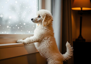 Poodle Puppy Discovers First Snowfall Through Window by Puppy Prints