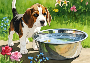 Little Beagle Puppy Discovers Water Bowl by Puppy Prints