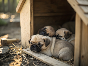 Pug Puppy Settles Comfortably With Sleeping Friends by Puppy Prints