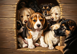 Beagle Puppy Feels Crowded In Tiny Doghouse by Puppy Prints