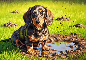Muddy Dachshund Puppy Sits Contentedly by Puppy Prints