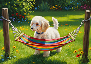 Poodle Puppy Discovers Tiny Hammock by Puppy Prints