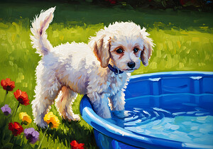 Poodle Puppy Discovers The Kiddie Pool by Puppy Prints