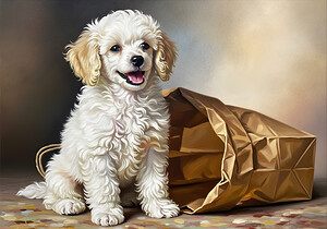 Triumphant Poodle Puppy Completes Paper Bag Adventure by Puppy Prints
