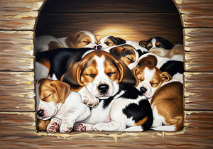 Beagle Puppy Sleeps Peacefully With Puppy Pile by Puppy Prints