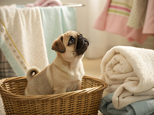 Pug Puppy Discovers Cozy Laundry Basket by Puppy Prints