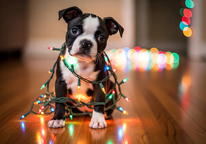 Boston Terrier Puppy Discovers Sparkling Christmas Lights by Puppy Prints
