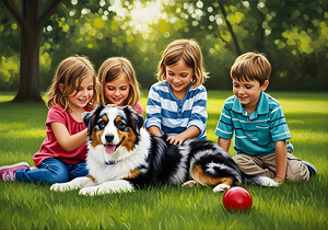 Tired Australian Shepherd Puppy Rests With Children by Puppy Prints