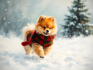 Pomeranian Puppy In Holiday Sweater Playing In Snow by Puppy Prints