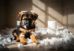 German Shepherd Puppy Sits Among Paper Destruction by Puppy Prints