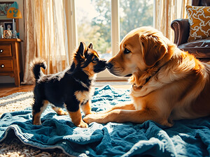 German Shepherd Puppy Meets Big Golden Friend by Puppy Prints