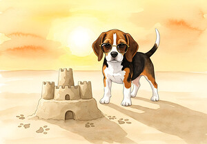 Beagle Puppy Shows Off Sandcastle Creation by Puppy Prints