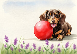 Exhausted Dachshund Puppy Rests Beside The Giant Ball