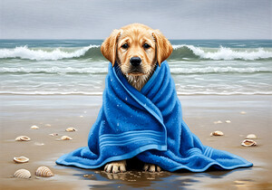 Shivering Labrador Puppy Wrapped In Beach Towel