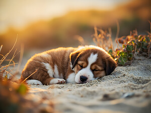 Bulldog Puppy Naps In Sandy Bed