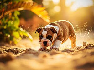 Bulldog Puppy Discovers Sandy Adventure