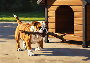 Happy Bulldog Puppy Successfully Brings Stick To Dog House