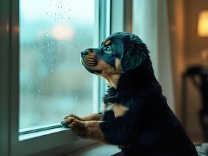 Hopeful Rottweiler Puppy Anticipates End Of Rainy Weather by Puppy Prints