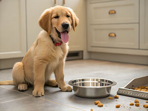 Satisfied Golden Retriever Puppy After Finishing Meal by Puppy Prints