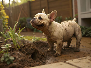 French Bulldog Puppy Discovers Muddy Garden Adventure by Puppy Prints