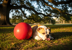 Exhausted BulldogPuppy Rests By Giant Ball by Puppy Prints