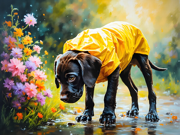 Happy Puppy Rests On Porch After Rainy Walk Print