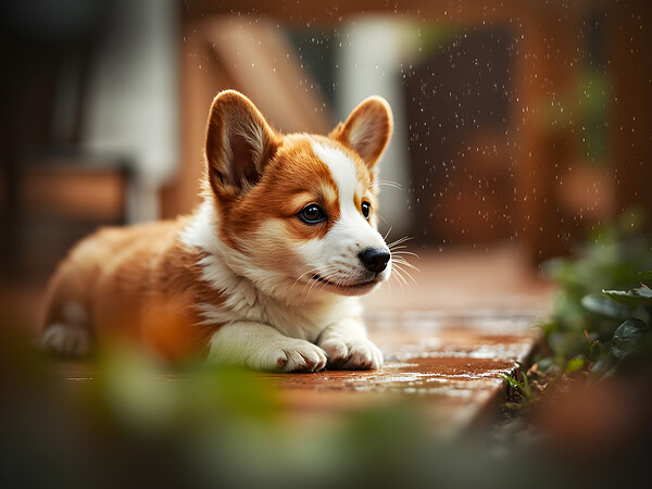Corgi Puppy Takes Shelter From Heavy Rain Print