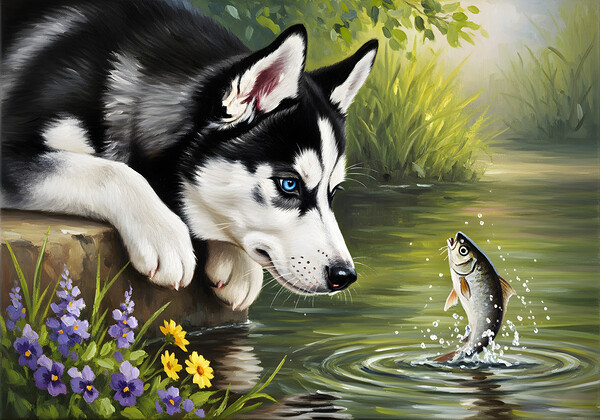 Curious Husky Puppy Discovers Garden Pond Print