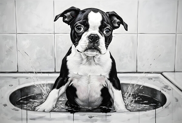Happy Boston Terrier Puppy Enjoys Sudsy Bath Time Print