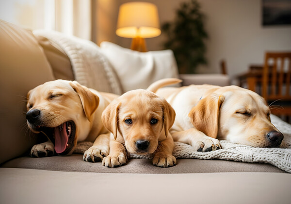 Golden Puppy Finds Spot On Crowded Couch Print