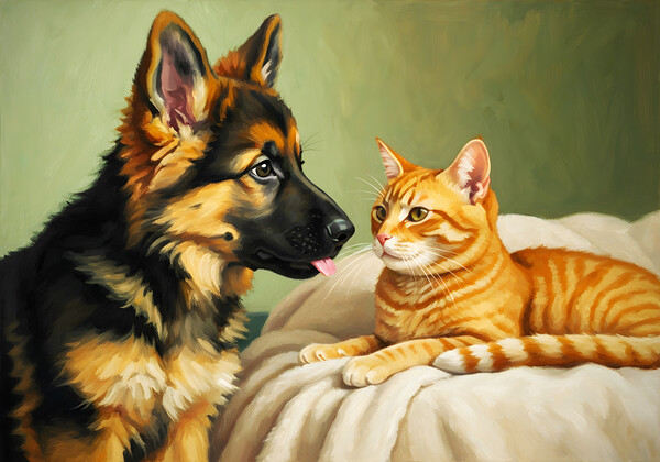 German Shepherd Puppy Meets Sleeping Cat Print