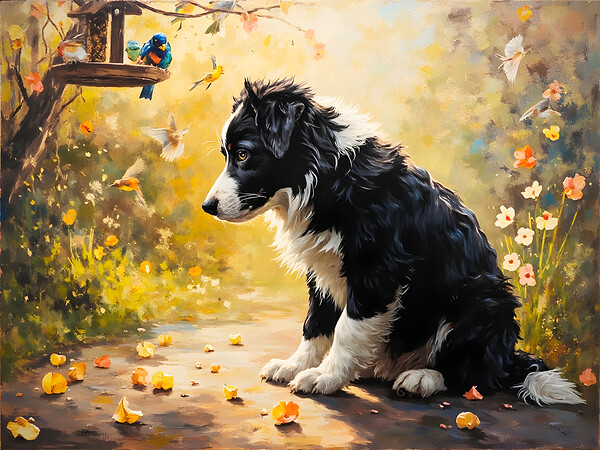 Content Border Collie Puppy Enjoys Watching Birds From Garden Below Print