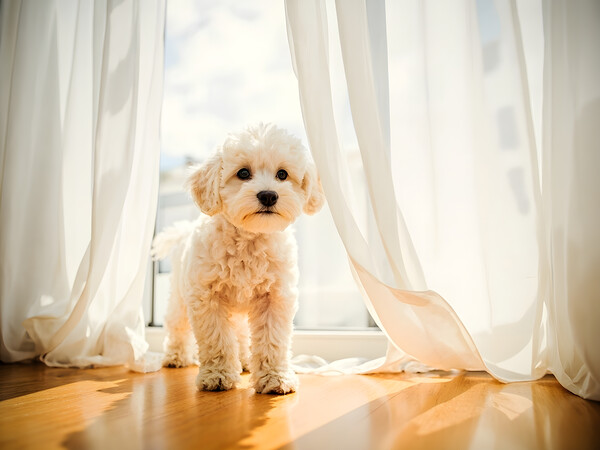 Poodle Puppy Peeking Behind Burgundy Curtains Print